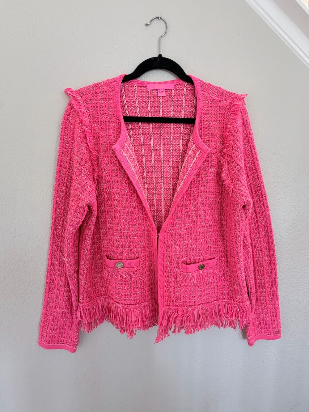 Lilly Pulitzer Pink Fringe Knit Cardigan Jacket Tweed Style Size XL